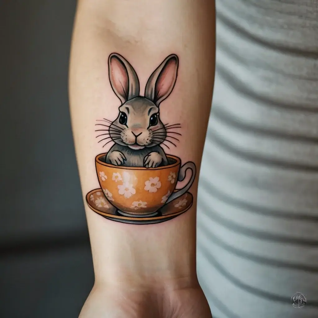 A whimsical tattoo of a cute rabbit peeking out of an orange teacup with white flowers, located on the forearm.