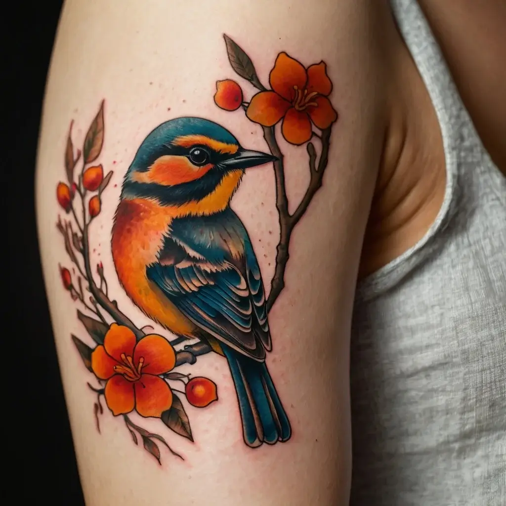 Tattoo of a vibrant bird perched on a branch, surrounded by blossoms and leaves, in vivid orange and blue hues.