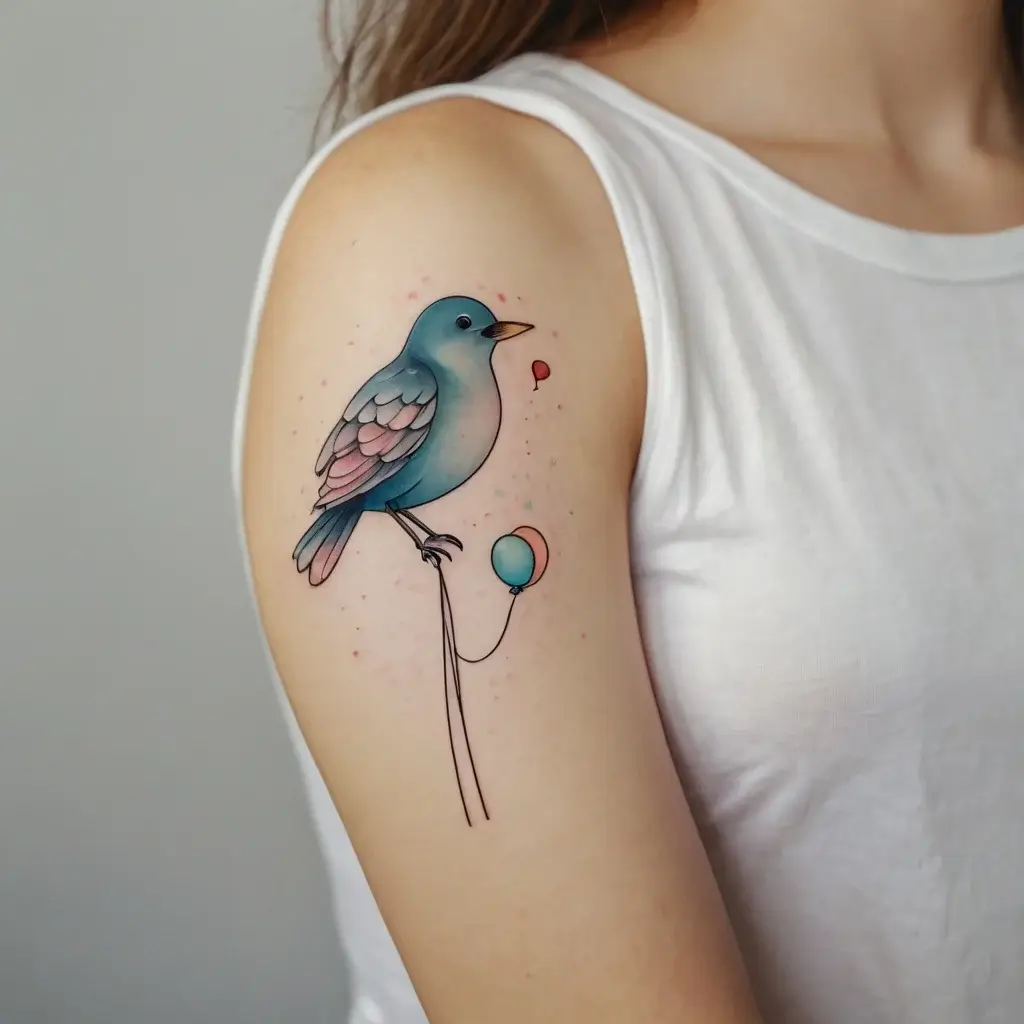 Colorful tattoo of a blue bird perched on two strings, holding a pastel balloon, with a red heart above its beak.