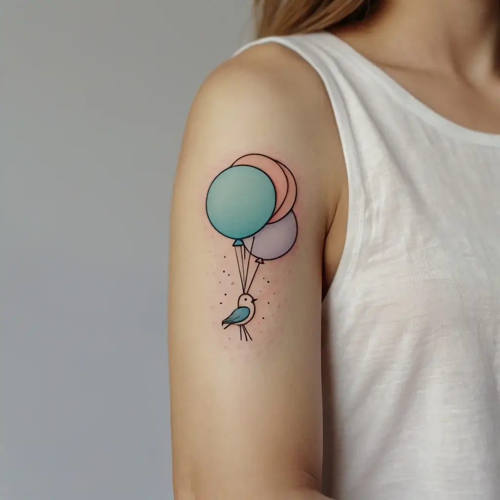 Cute tattoo of a small bird with pastel balloons lifting it, blending delicate line work with minimalistic color.