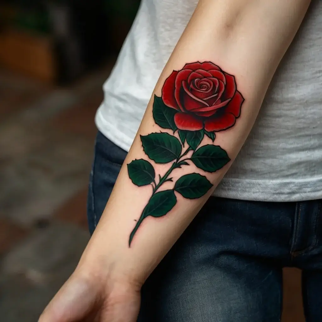 Tattoo of a vibrant red rose with detailed green leaves on the forearm, symbolizing beauty and passion.