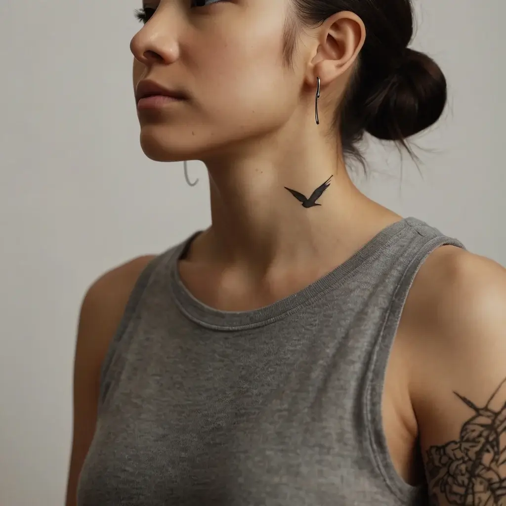 Minimalist black bird tattoo on the neck, symbolizing freedom; detailed floral tattoo on the upper arm.