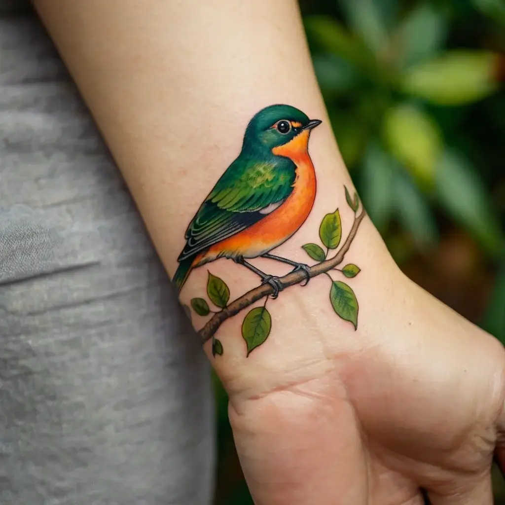 Vibrant tattoo of an orange-breasted bird perched on a branch with green leaves, detailed and colorful on the forearm.