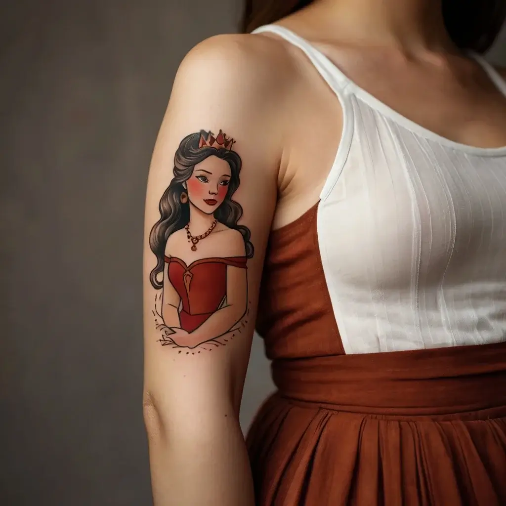 Tattoo of a stylized woman in a red dress and crown on the upper arm, featuring bold lines and vibrant colors.