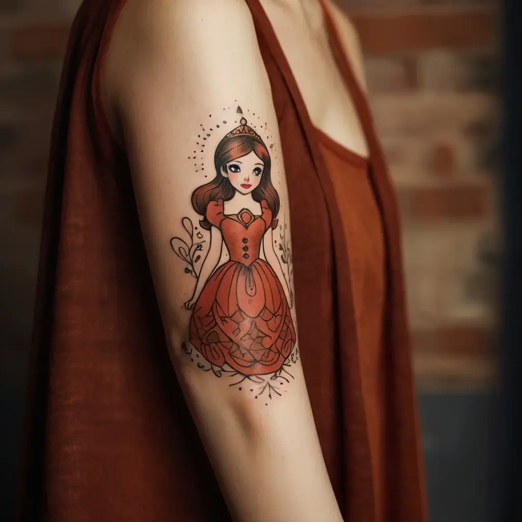 Illustrative tattoo of a princess in a red gown adorned with floral patterns and delicate linework on the upper arm.