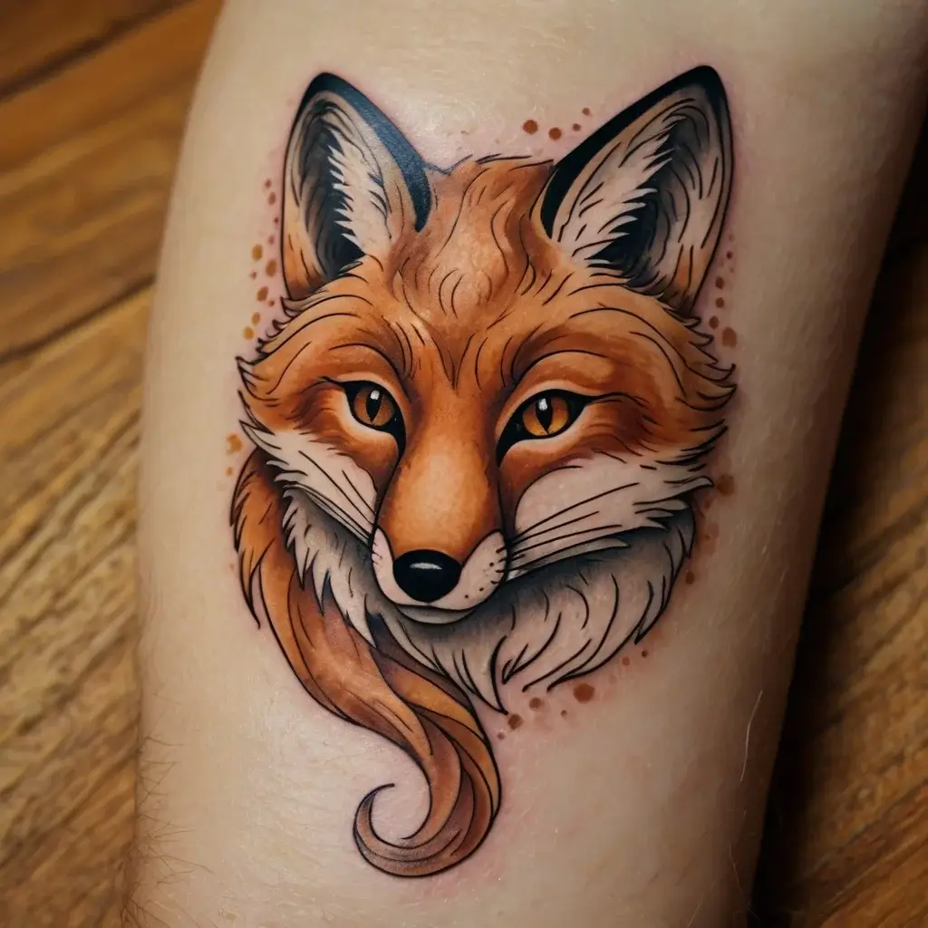 Vibrant fox tattoo with detailed fur and piercing eyes, blending realism with illustrative style, surrounded by soft dots.