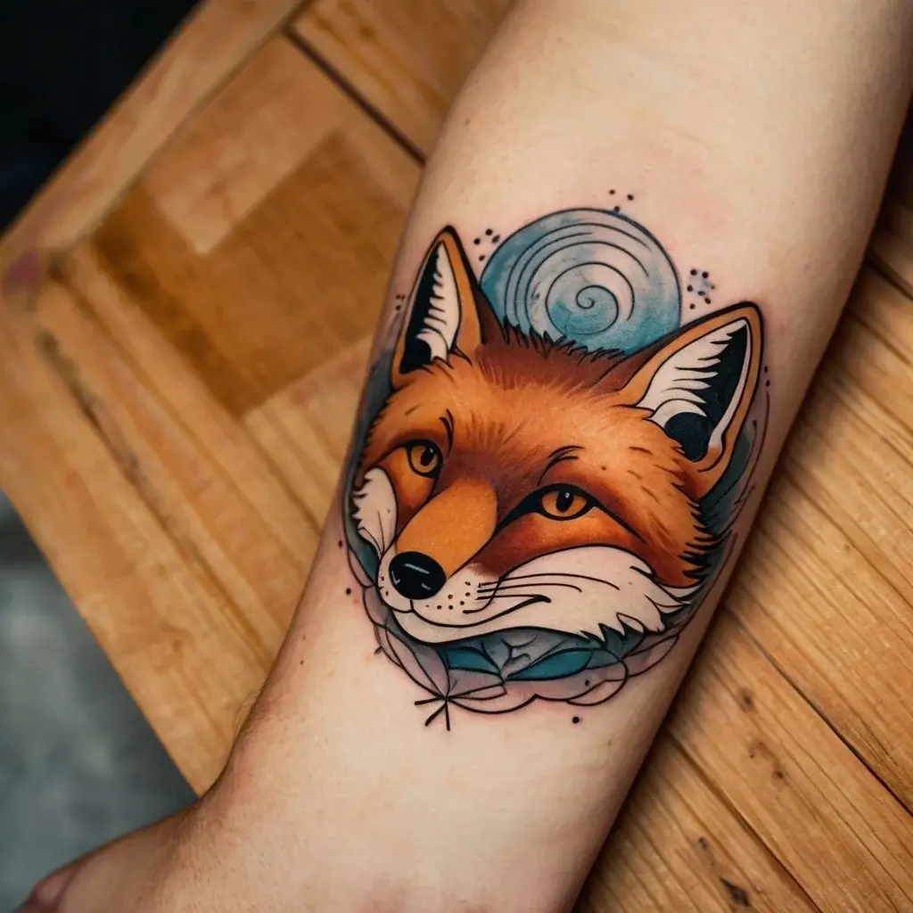 Tattoo of a vibrant fox head with piercing eyes, surrounded by blue swirls and leaves, blending realism and abstract art.