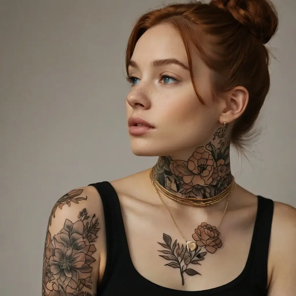 Floral tattoo design wraps around neck and shoulder, featuring detailed roses and leaves in soft black and gray tones.