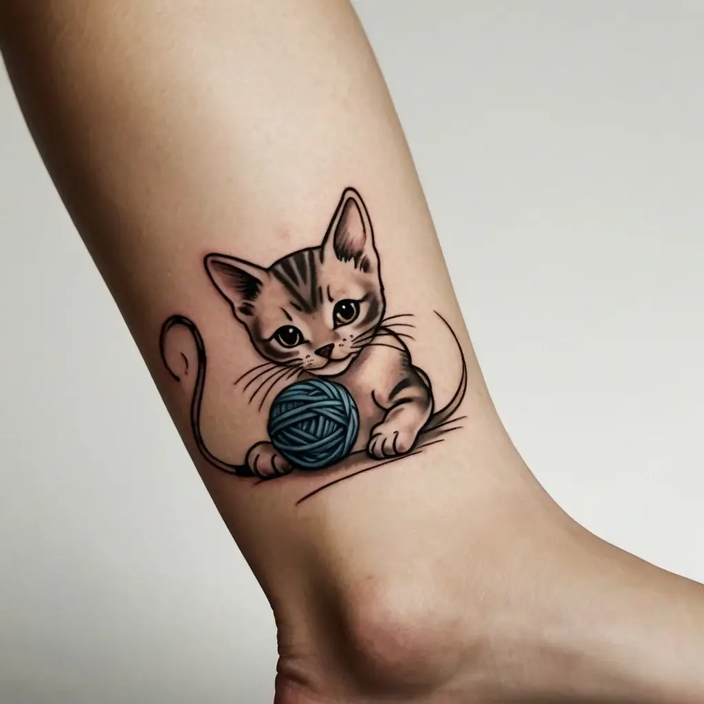 Tattoo of a playful kitten with a blue yarn ball, detailed shading and fine lines, symbolizing curiosity and playfulness.