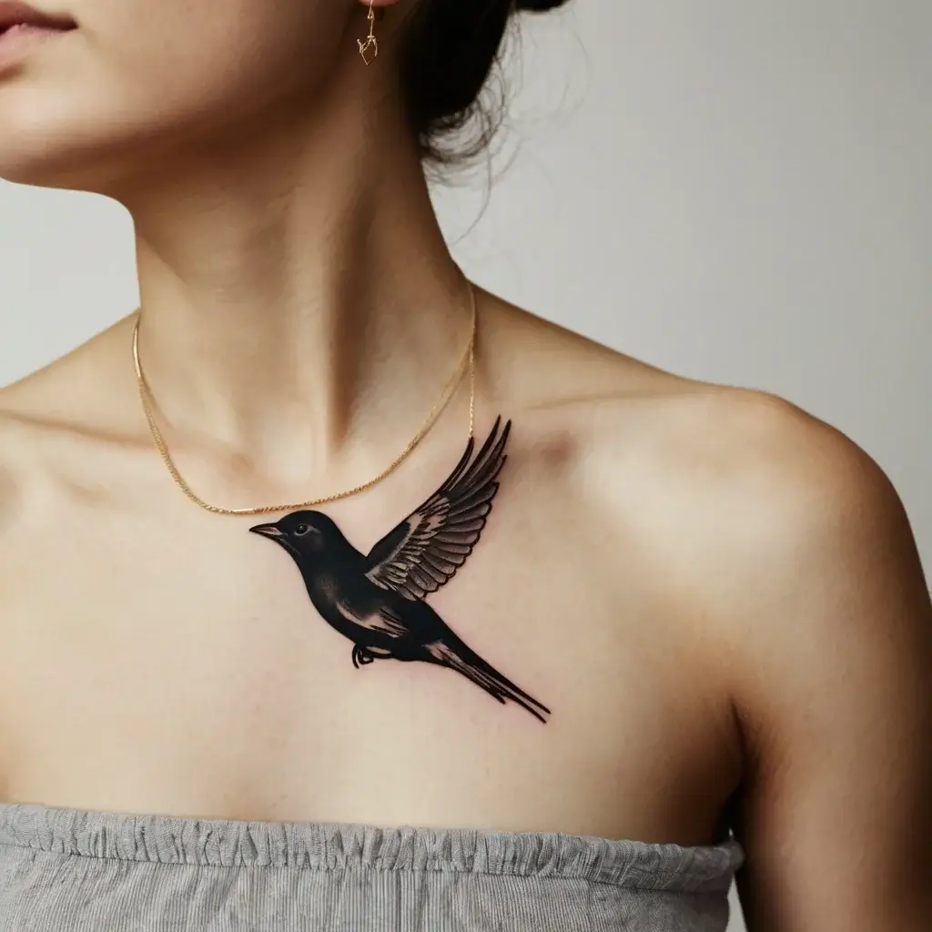 Tattoo of a black bird in flight on the collarbone, showcasing detailed wing and feather shading.