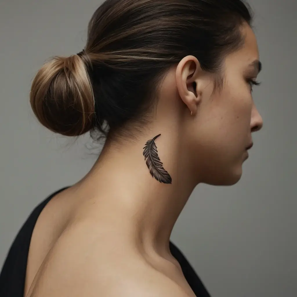 A delicate black ink feather tattoo on the neck, symbolizing freedom and lightness, with fine detailing and shading.