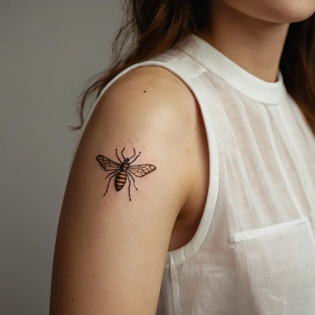 Realistic bee tattoo on the upper arm, featuring detailed wings and striped body, symbolizing diligence and community.