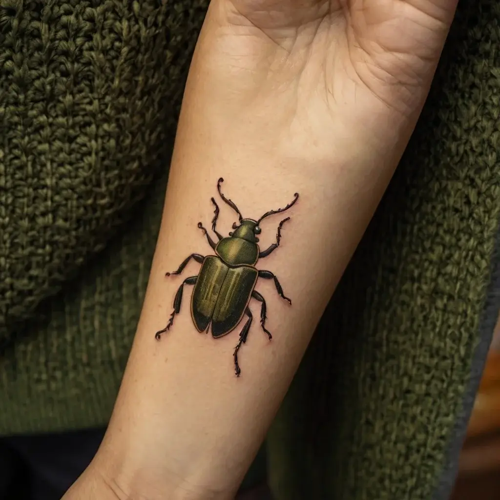 Realistic green beetle tattoo with detailed shading and highlights, creating a 3D effect on the forearm.