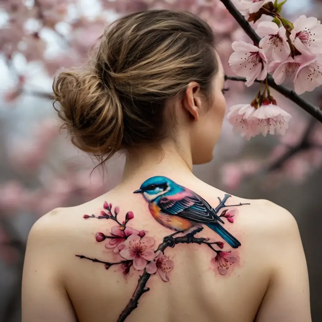 Tattoo of a vibrant bird perched on cherry blossoms, blending realistic colors and delicate details on the upper back.