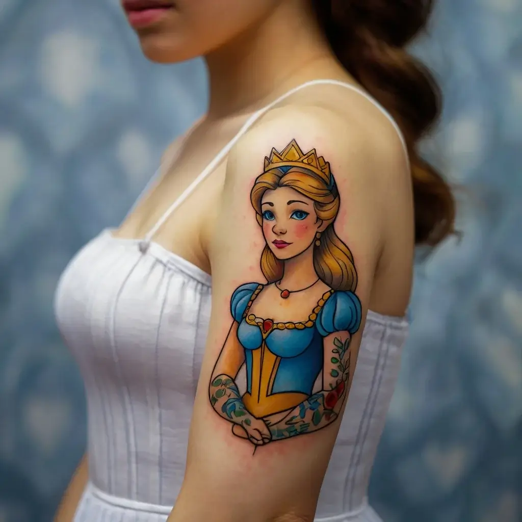 Tattoo of a princess in a blue dress with a crown, featuring colorful floral elements extending from her sleeves.