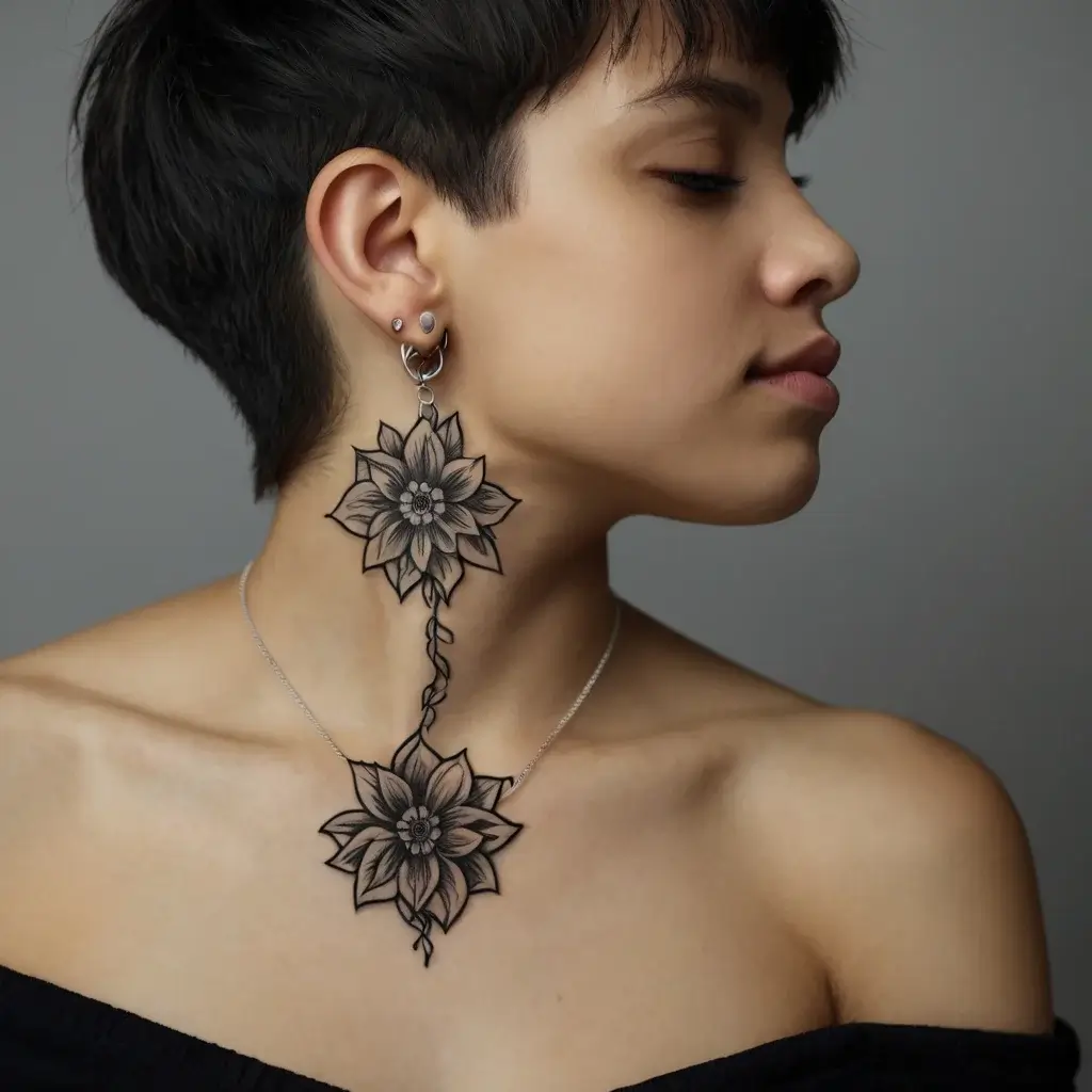 Floral tattoo with two intricate flowers, stems cascading elegantly from ear to collarbone, featuring bold black outlines.