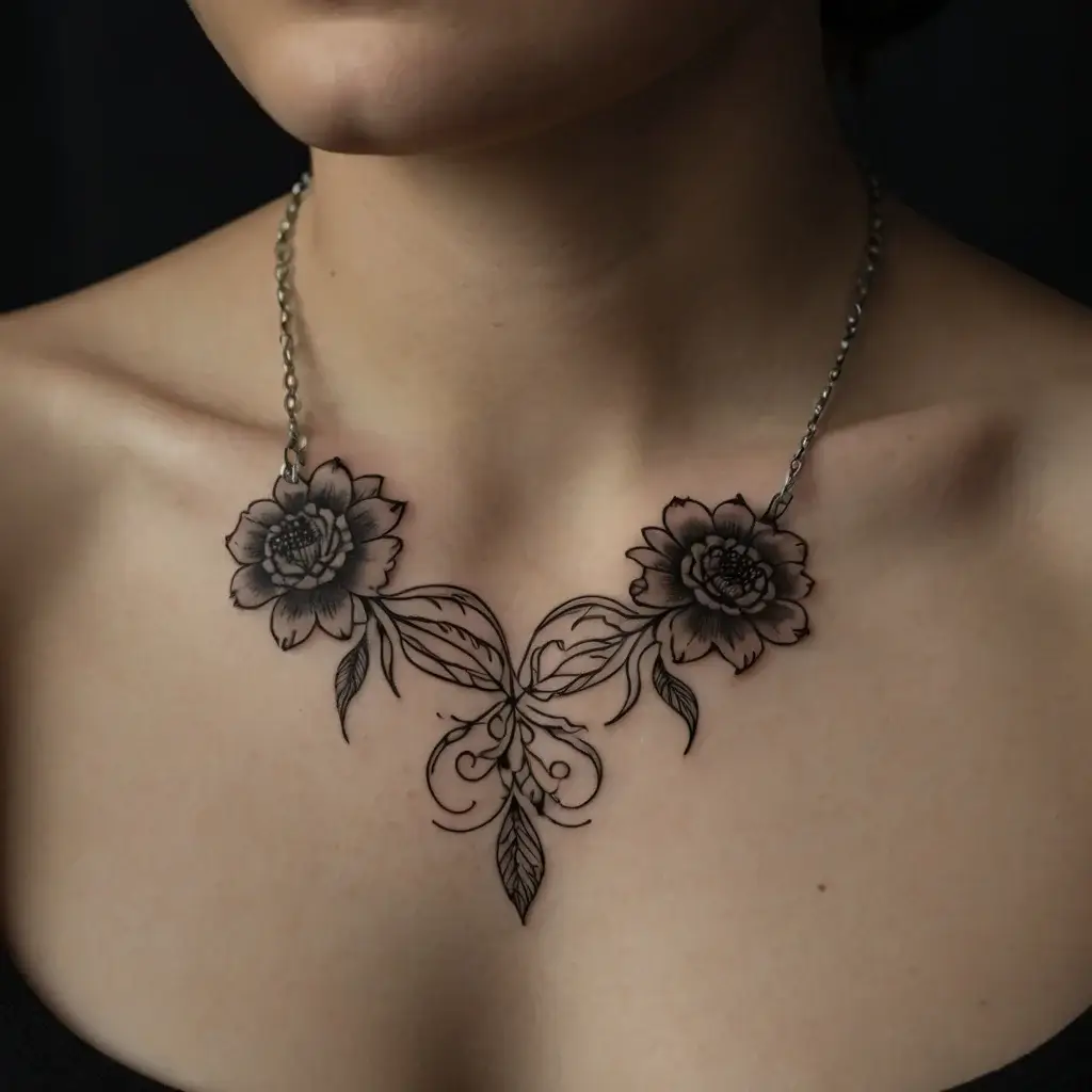 Tattoo of two intricate flowers with swirling vines and leaves on the chest, resembling a necklace.