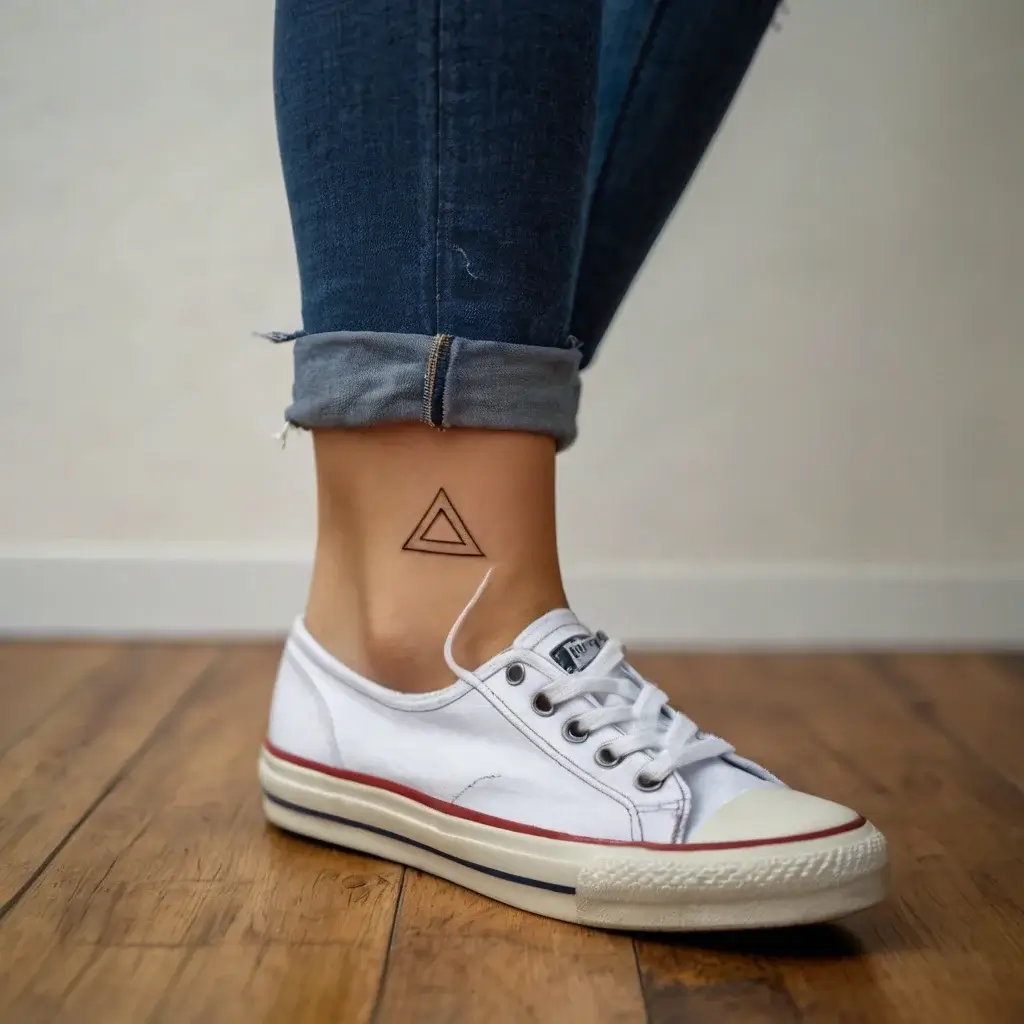 Simple geometric tattoo of a triangle within a triangle on the ankle, symbolizing balance and strength.