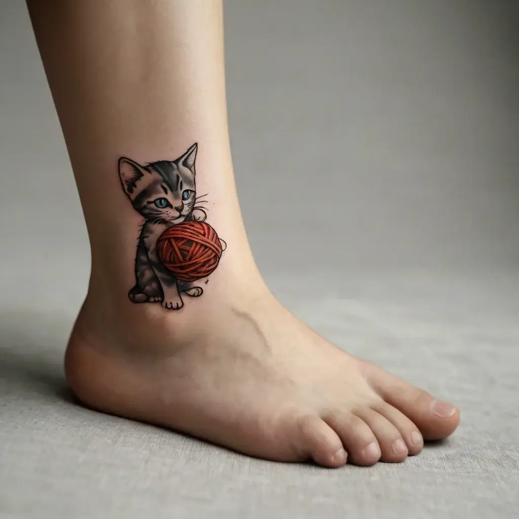 A realistic tattoo of a playful kitten holding a red yarn ball, detailed fur and bright blue eyes on the ankle.