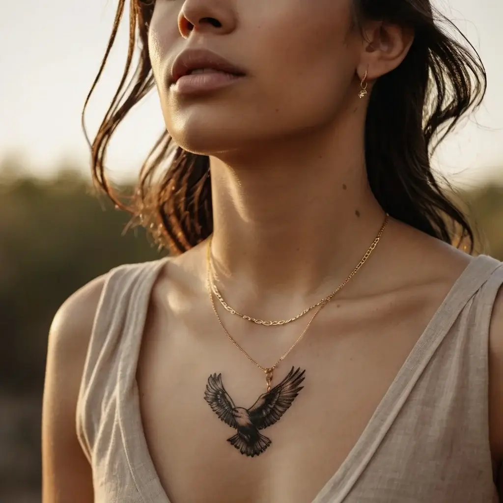 Tattoo of a detailed black ink bird in mid-flight on the chest, symbolizing freedom and strength.