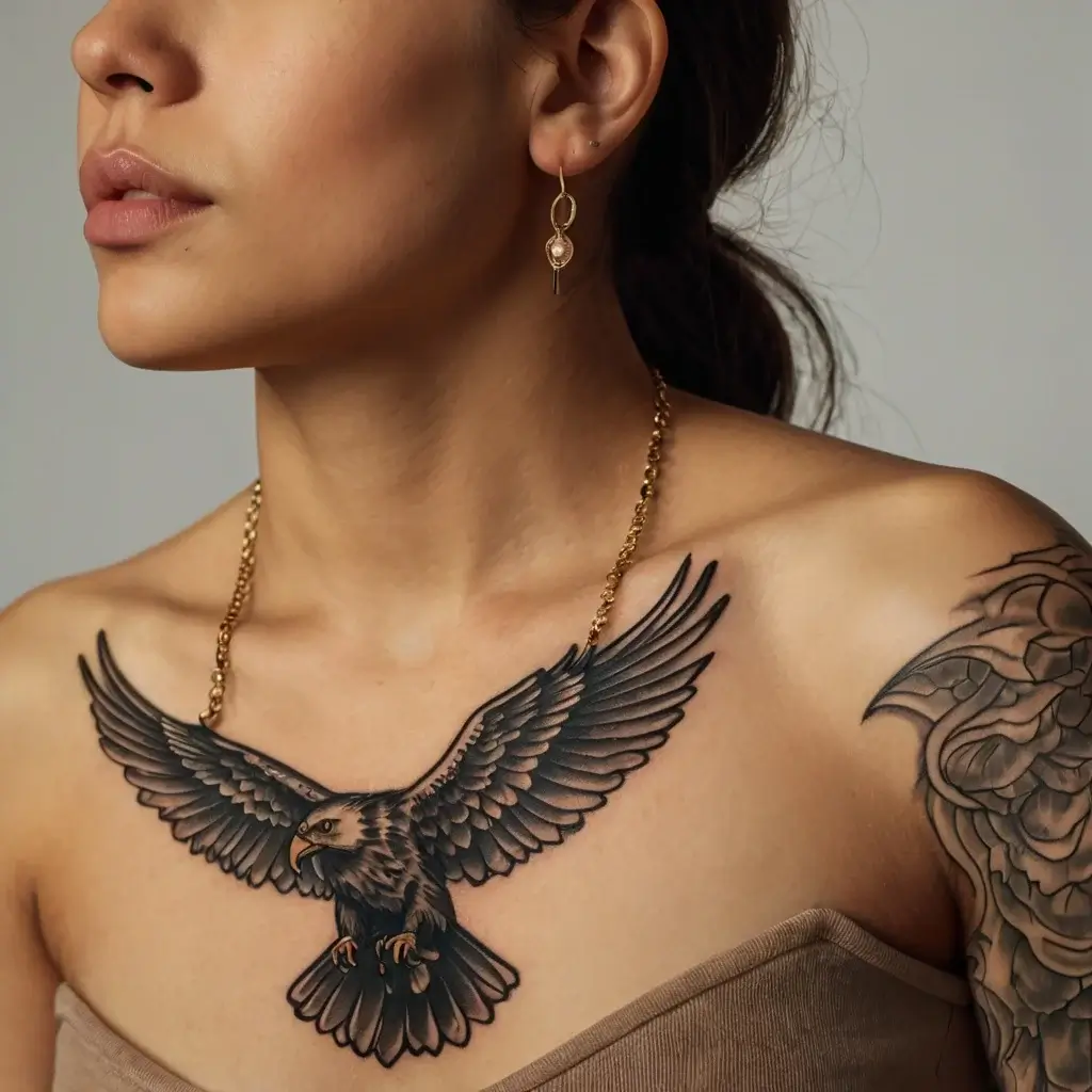 A bold black and grey tattoo of an eagle in flight spans the chest, wings outstretched with detailed feathers and sharp talons.