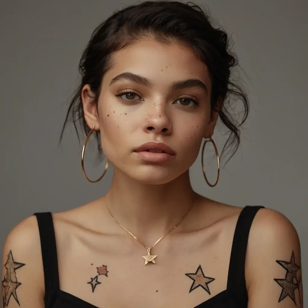 Woman with assorted star tattoos on shoulders; design features filled and outlined stars in black and brown ink.