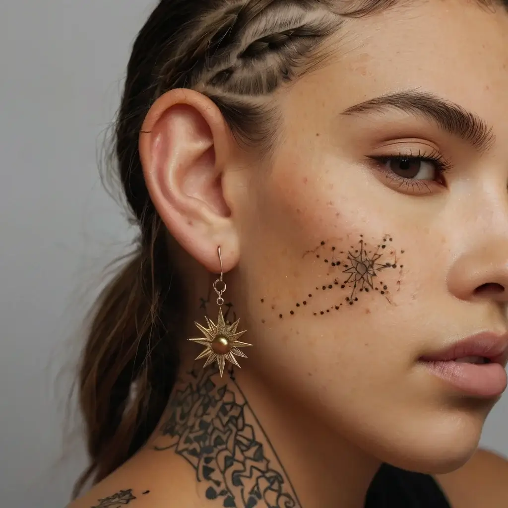 Delicate face tattoo of a starburst with dotted lines, paired with an ornate neck design, enhancing a celestial theme.