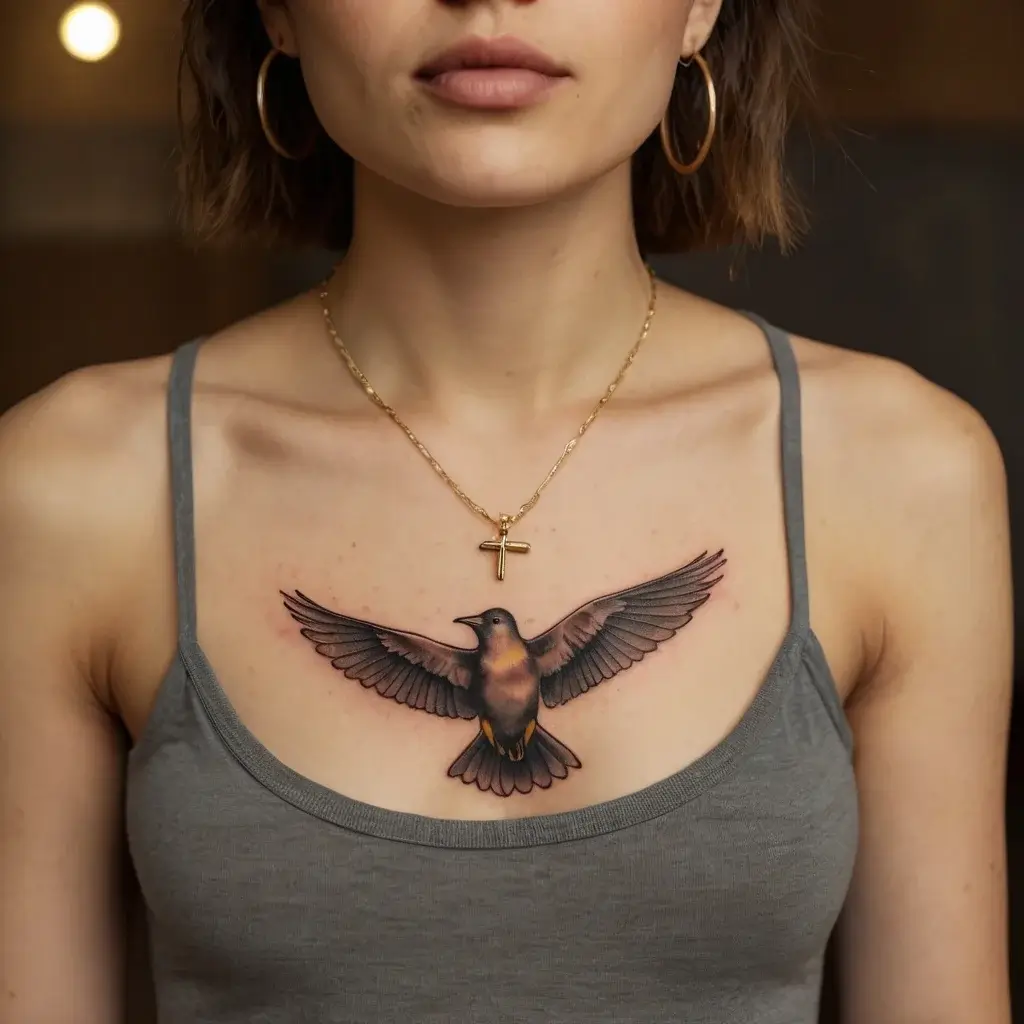 Tattoo of a realistic blackbird with outstretched wings on the chest, symbolizing freedom and transformation.