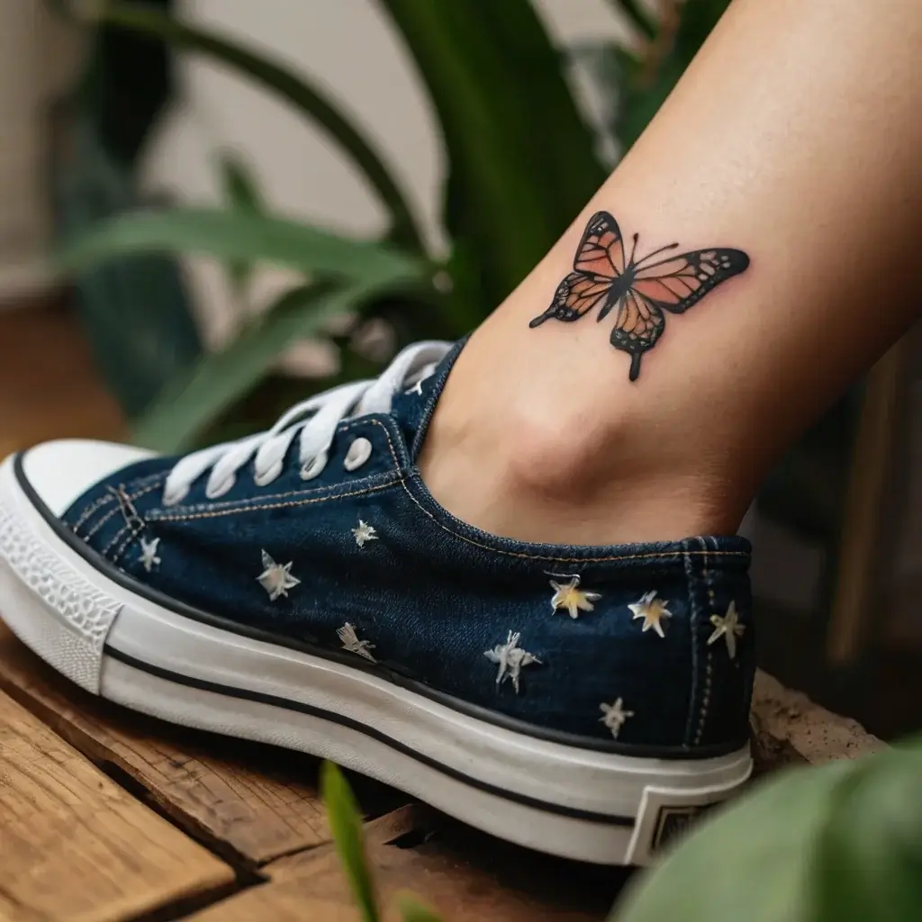 A vibrant monarch butterfly tattoo, detailed with orange and black shading, adorns the ankle above star-patterned sneakers.