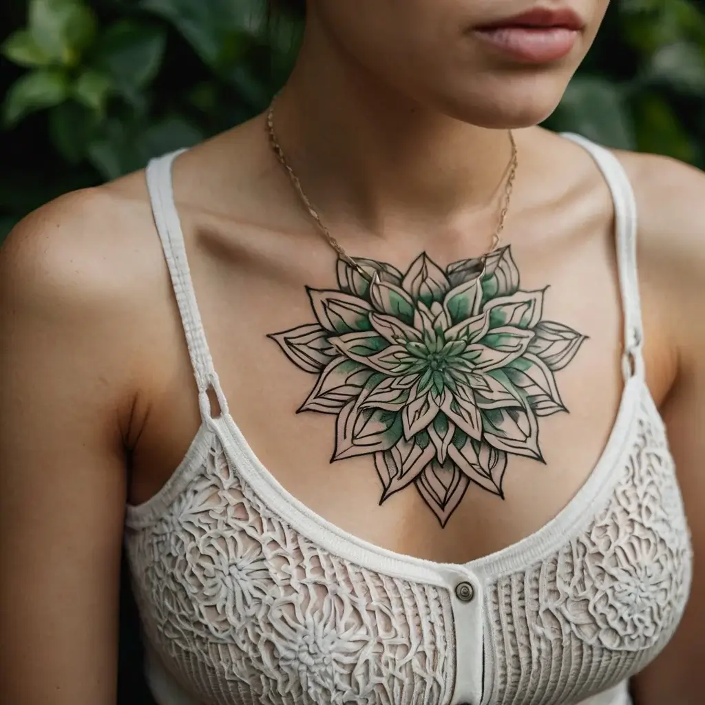 A green and black mandala flower tattoo on the chest, showcasing layered petals with intricate line work.