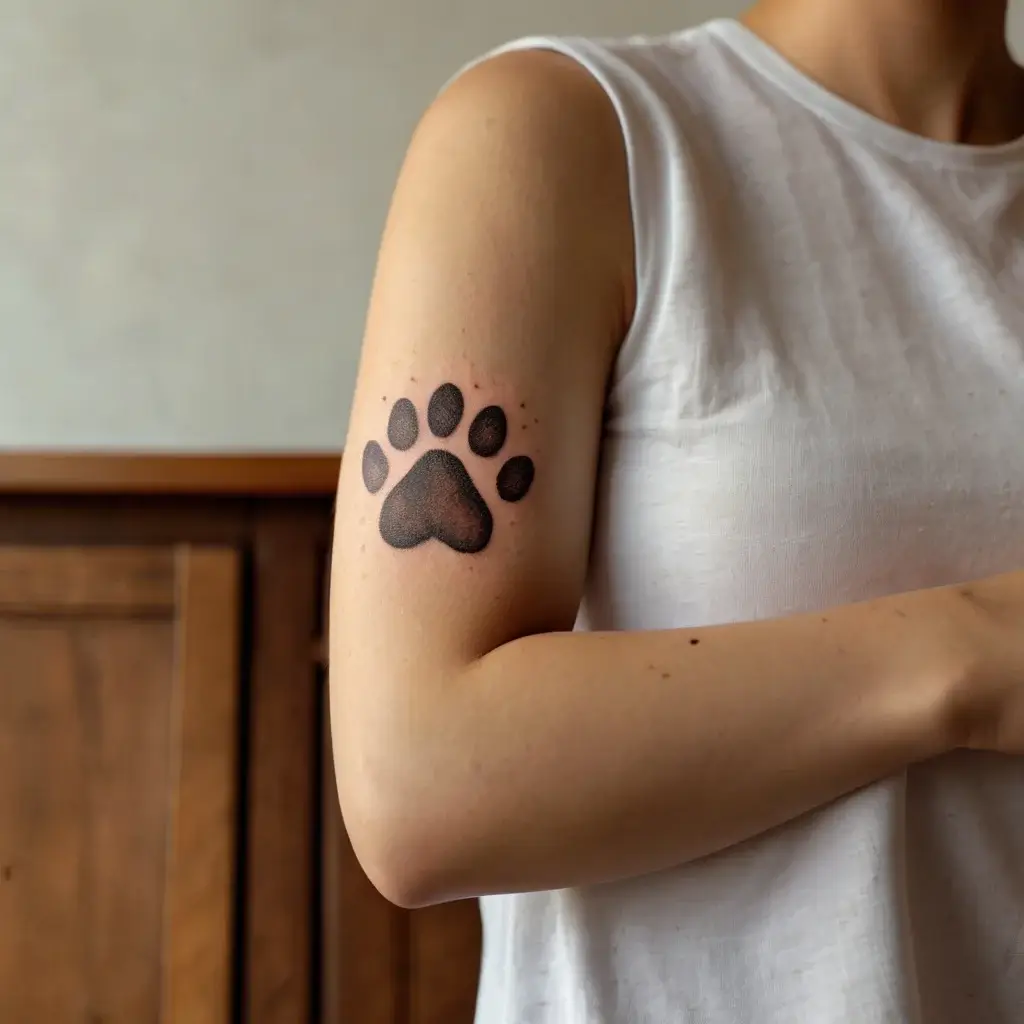 Tattoo of a stylized black paw print on upper arm, symbolizing affection for animals or beloved pets.