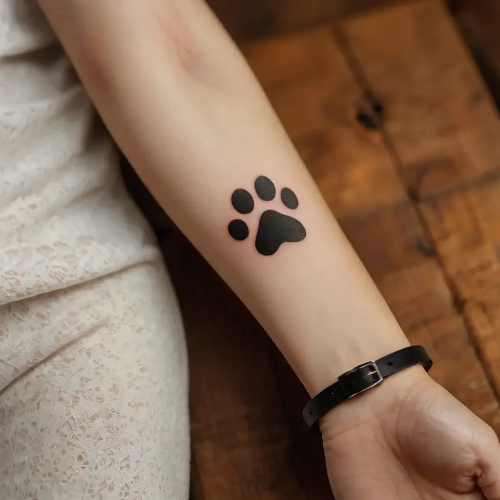 Tattoo of a bold black paw print on the forearm, symbolizing love and loyalty to pets.