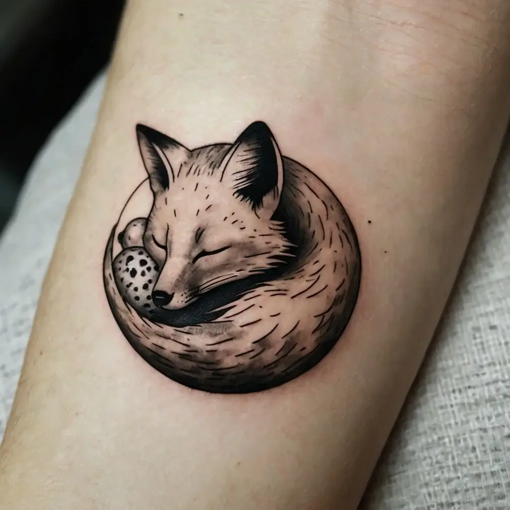 Tattoo of a curled-up fox with soft shading and fine line work, creating a tranquil and cozy appearance.