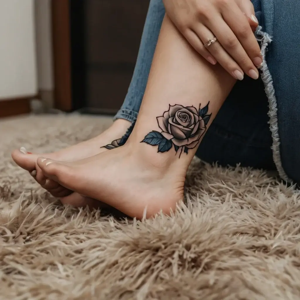 Tattoo of a detailed gray rose with shaded petals and dark leaves on the ankle, symbolizing beauty and strength.