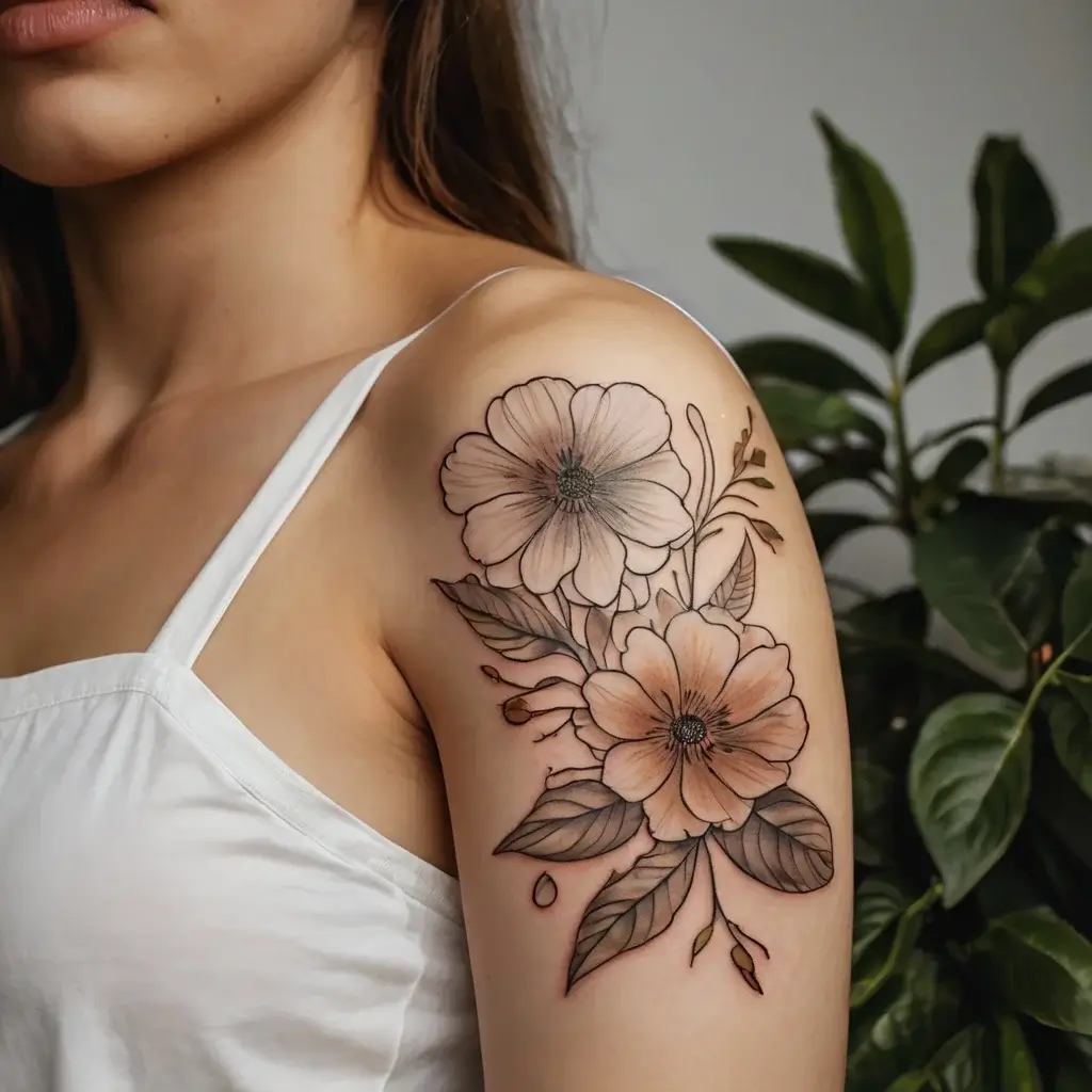 A delicate floral tattoo on the shoulder, featuring two large blooms with intricate shading and detailed leaves.