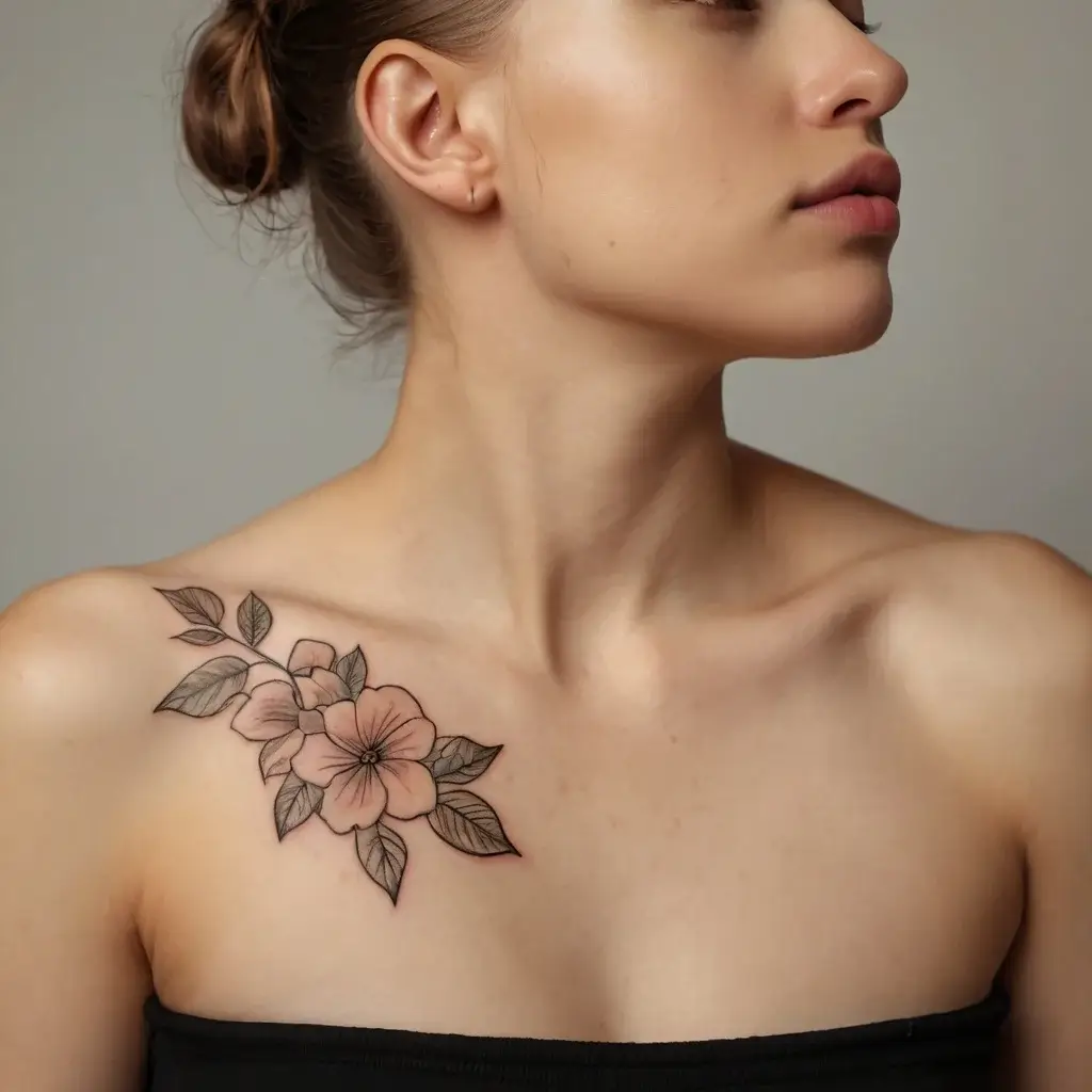 Floral tattoo with delicate pink petals and detailed leaves on shoulder, creating a soft, elegant look.