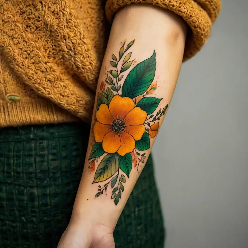 Vibrant floral tattoo on forearm, featuring a large orange flower with detailed green leaves and subtle accent foliage.