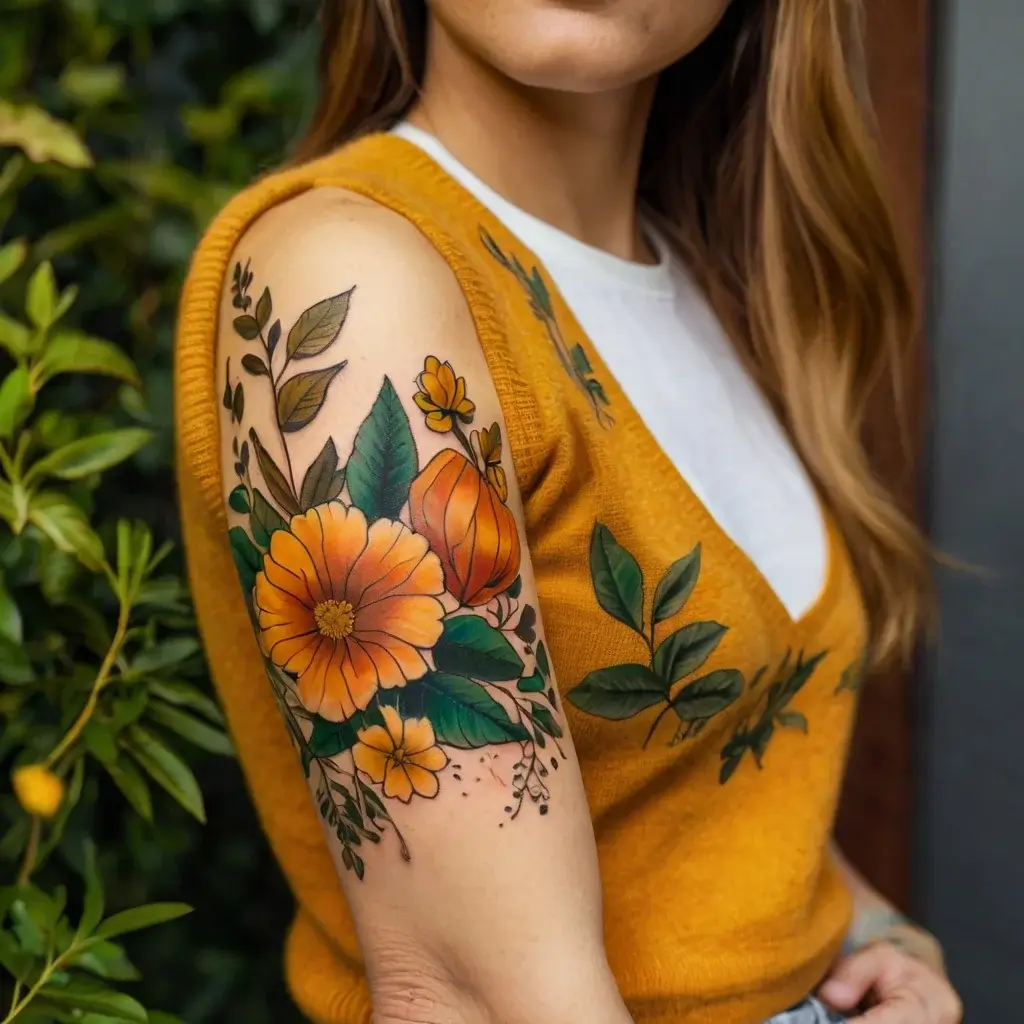 Vibrant floral tattoo with orange flowers and green leaves on the upper arm, matching the plant-themed outfit.