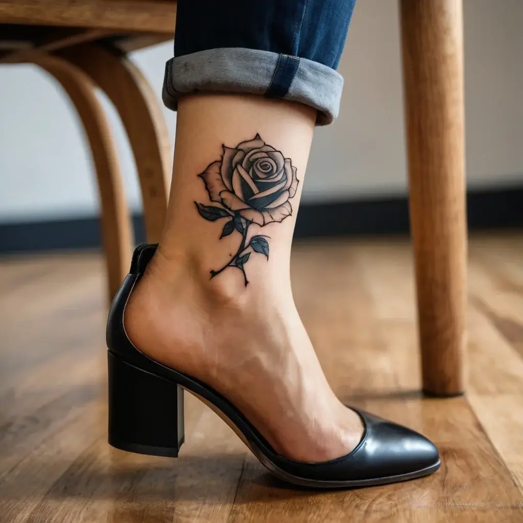 Detailed black rose tattoo on ankle, featuring intricate shading and sharp outlines for a realistic, elegant look.