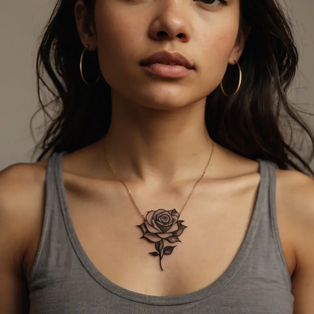 Elegant black rose tattoo on chest with shading, detailed petals, and leaves, symbolizing beauty and strength.