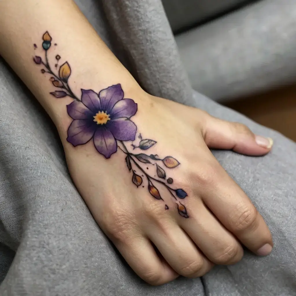 A delicate tattoo of a purple flower with a yellow center, surrounded by cascading leaves and buds, adorns the hand.