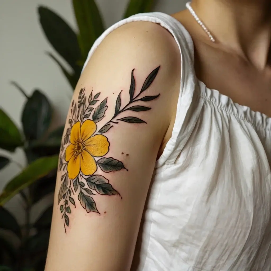 Floral tattoo with a vibrant yellow flower and detailed black and green leaves, elegantly wrapping around the upper arm.