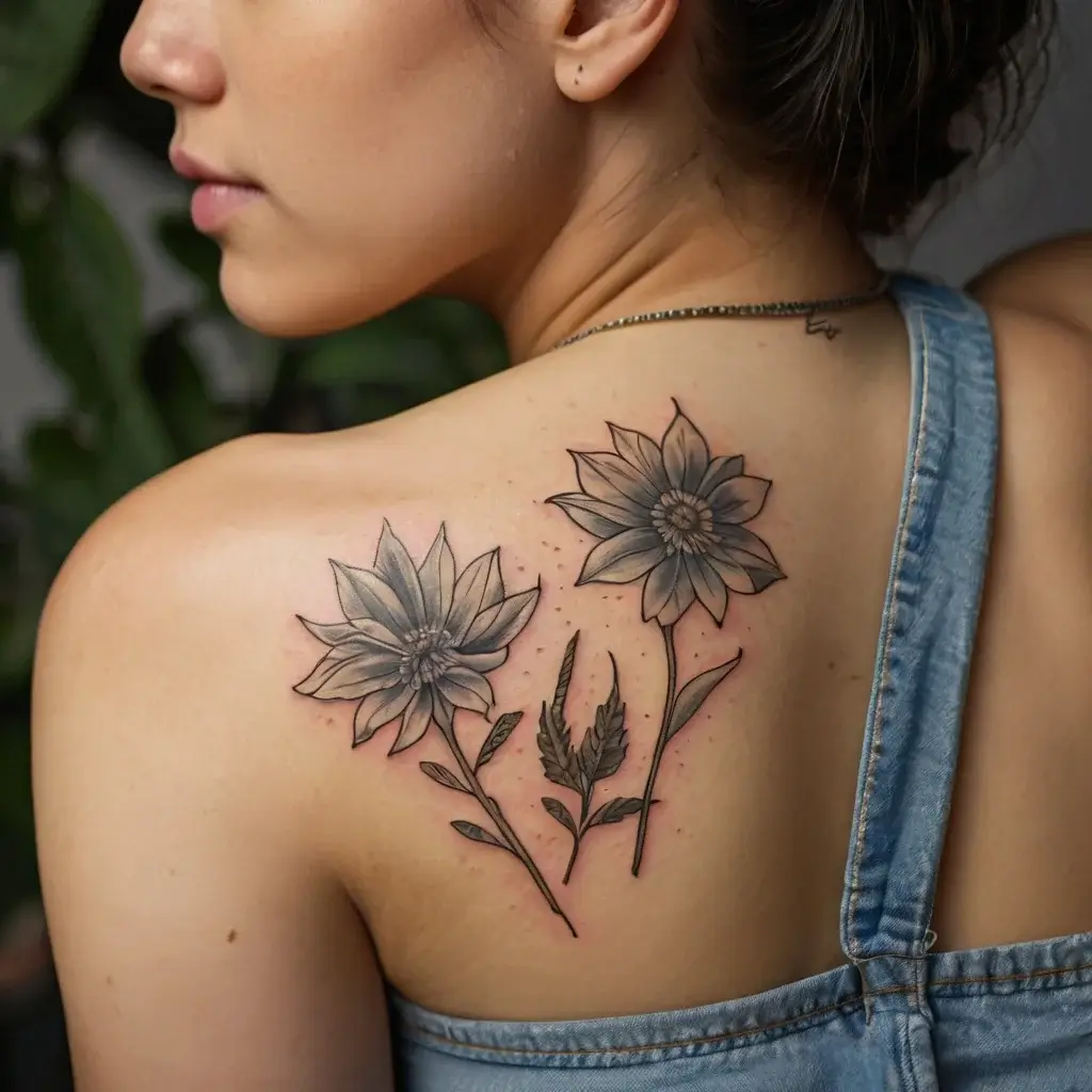 Elegant linework tattoo of two large dark flowers and leaves on the shoulder blade, highlighting delicate details.