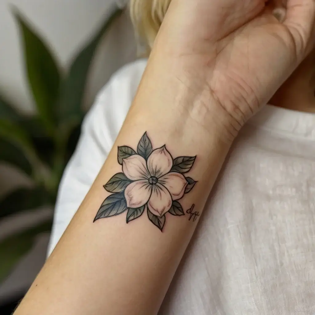 Tattoo of a delicate pink flower with detailed shading, surrounded by green leaves, on an inner forearm.