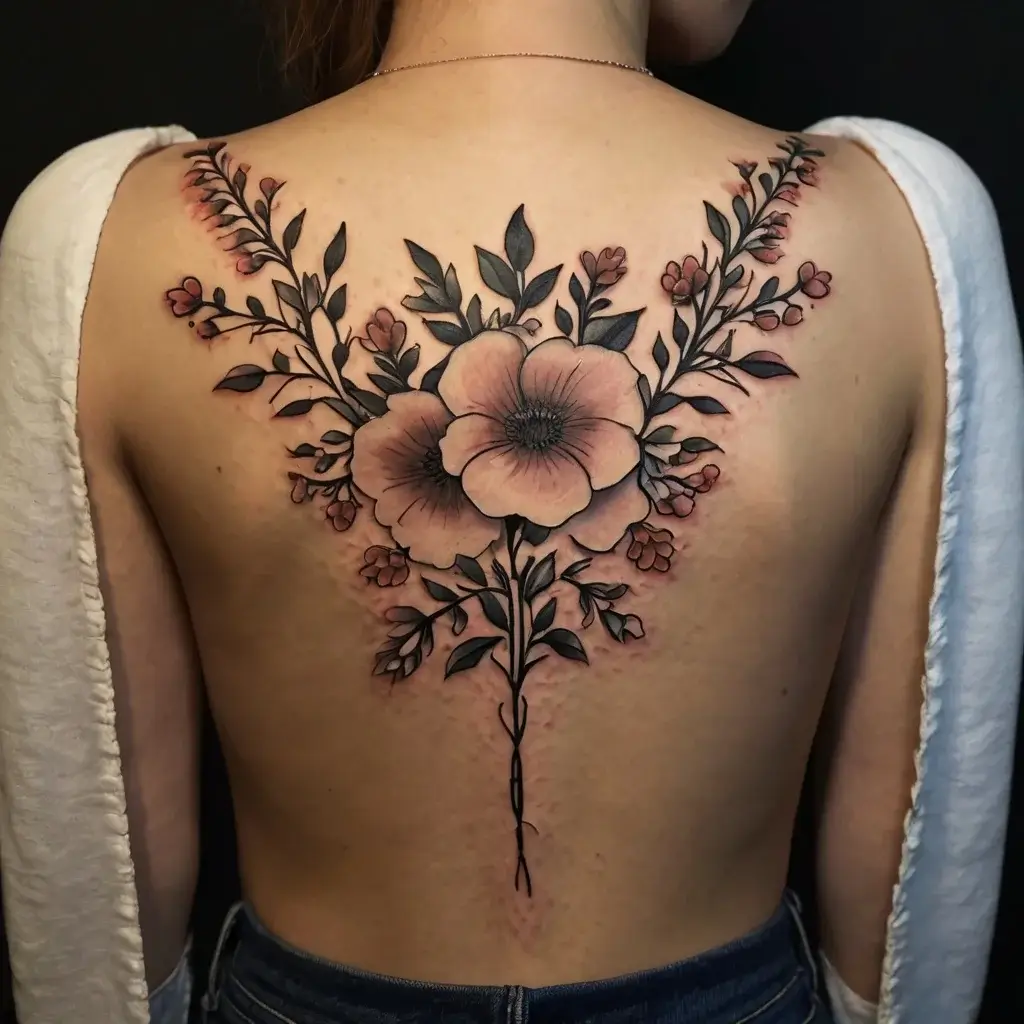 Floral back tattoo featuring large central blooms with intricate leaves and buds, inked in soft pink and black shades.