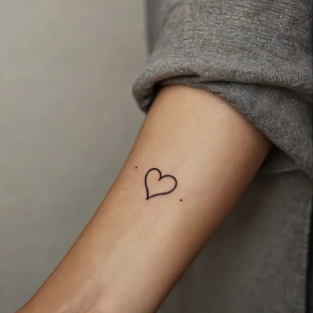 Simple heart outline tattoo with two small dots, placed on the forearm—minimalist and elegant design.