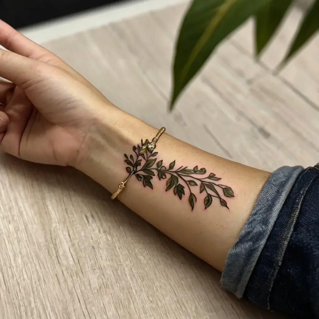 A delicate tattoo of a leafy branch with green leaves, accented by subtle pink shading, elegantly graces the forearm.