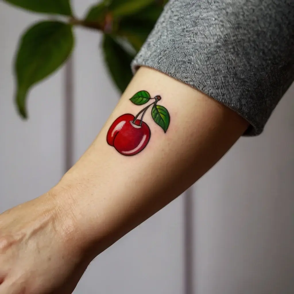 Colorful cherry tattoo on forearm, featuring vibrant red fruit with green leaves, outlined in black for bold contrast.