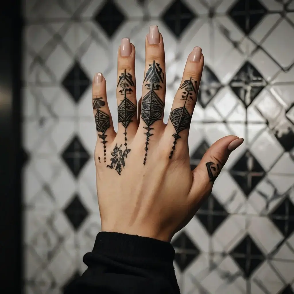 Geometric black ink tattoo on fingers with intricate triangles and dot patterns, showcasing symmetry and tribal influences.