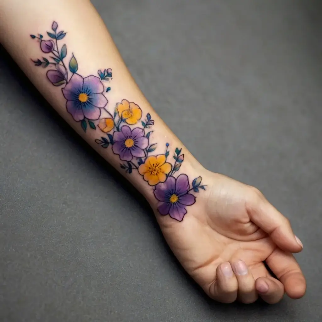 Floral tattoo on forearm with purple and orange blooms, accented by green leaves, creating a vibrant, whimsical design.